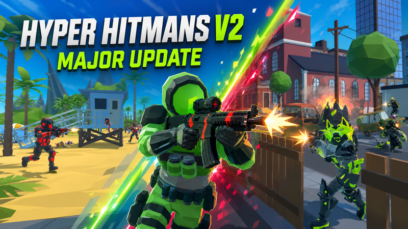 Hyper Hitmans V2 fighters battling across tropical and urban maps